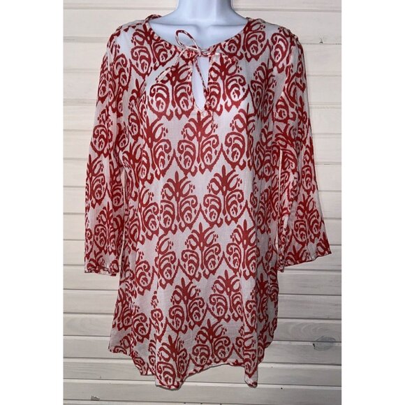 FLORA Rock Flower Paper Sz MEDIUM Red White Ikat Print Top Tunic 100% Cotton EUC - Picture 3 of 13